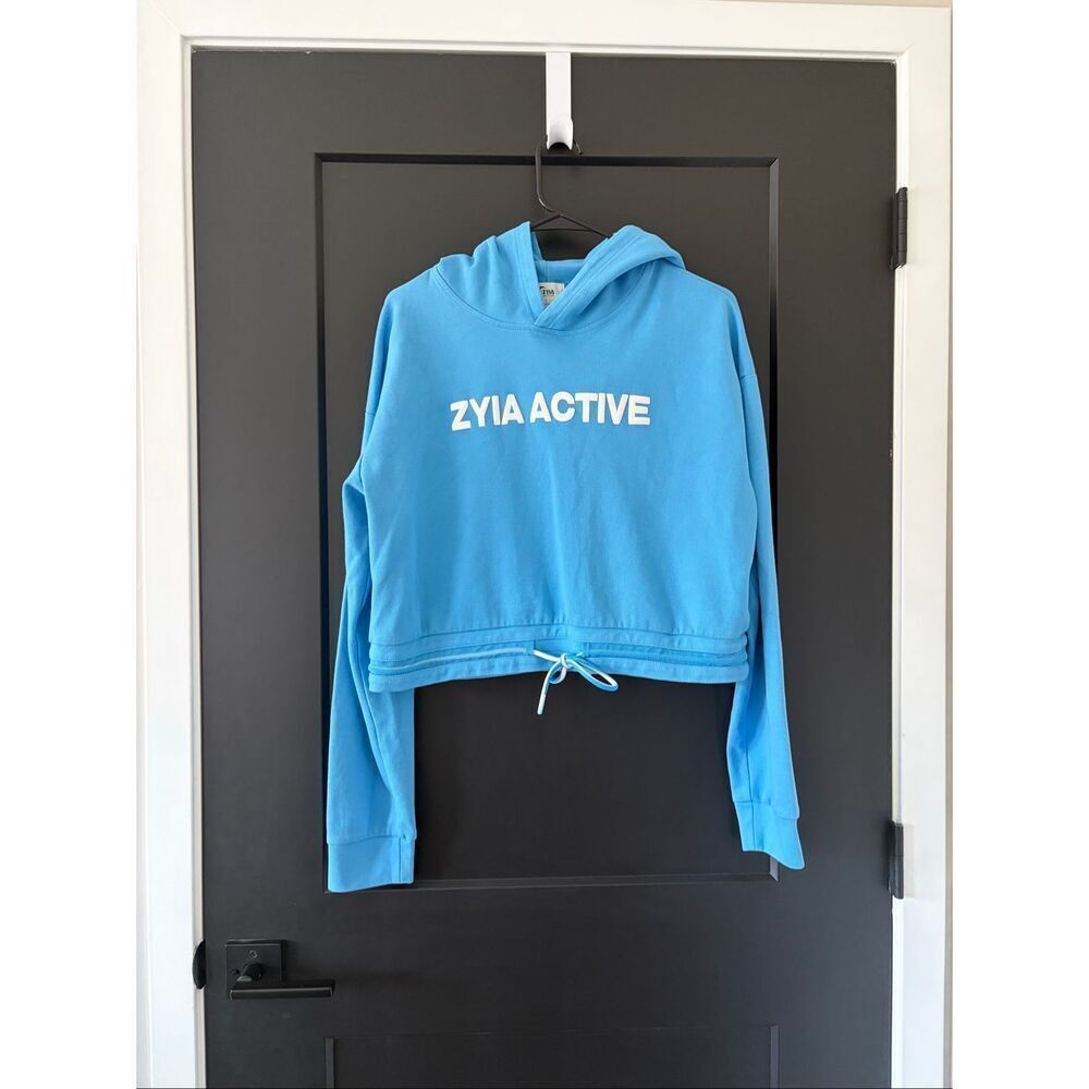 Zyia Active Blue Uppercut Crop Hoodie Cinch Waist Size Large